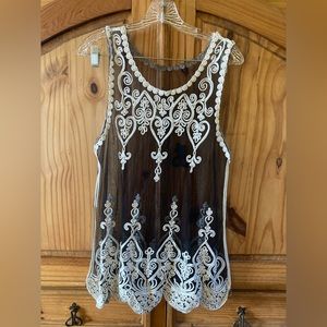 Women black white embroidered sheer tank blouse shirt size L